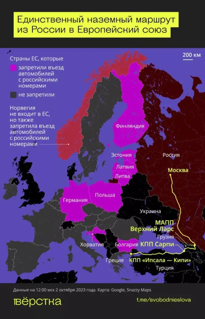 Единственный наземный маршрут из России в Европейский союз инфографика