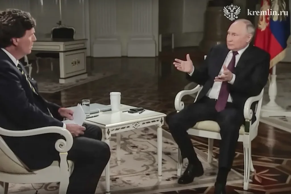 Владимир Путин во время интервью Такеру Карлсону 6 февраля 2024 года. Источник: скриншот видео с Youtube-канала «Kremlin».