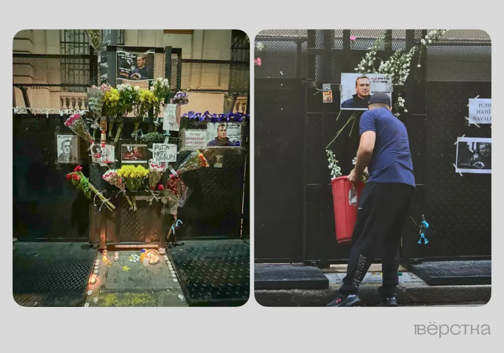 Мемориал Навальному у российского посольства в Буэнос-Айресе (до и после), Аргентина. Источник: предоставлено собеседником «Вёрстки».