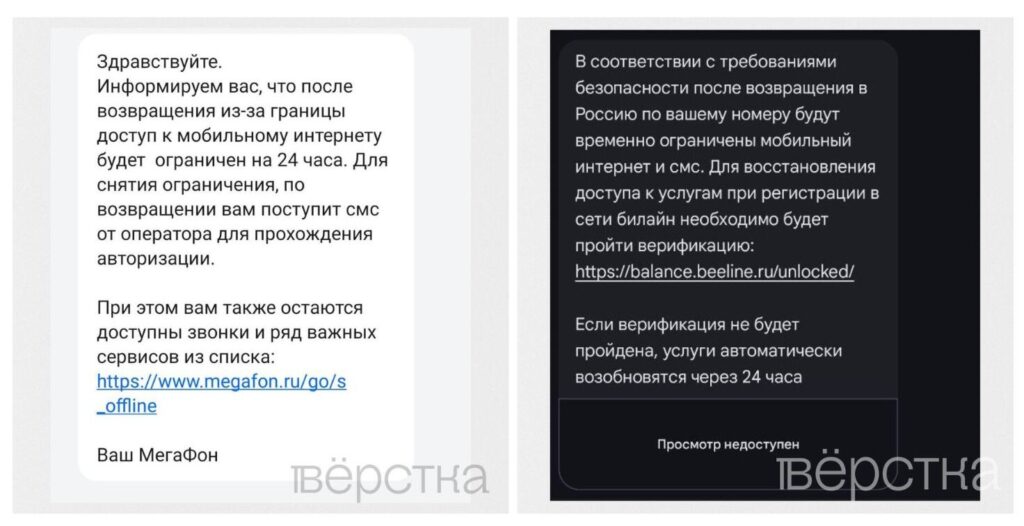 «Билайн» и «Мегафон» начали вводить 24-часовой «период охлаждения»связи для сим-карт россиян при возврате в РФ<br />
