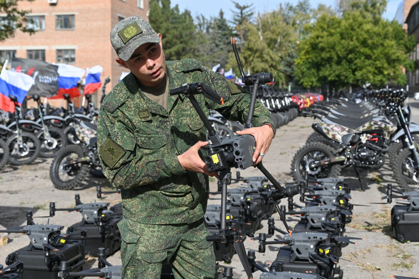 A&nbsp;Russian soldier holds a&nbsp;drone during a&nbsp;ceremony to&nbsp;hand over new equipment for the Russian army to&nbsp;the People’s Front in&nbsp;Rostov-on-Don