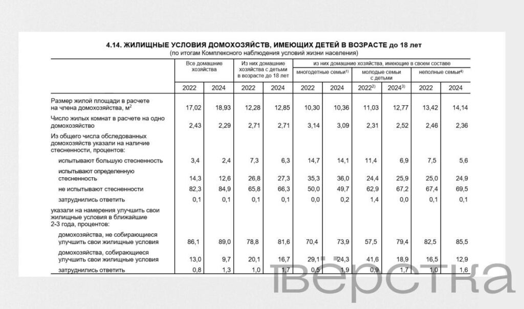 Половина многодетных семей в России испытывают стеснённость в жилплощади