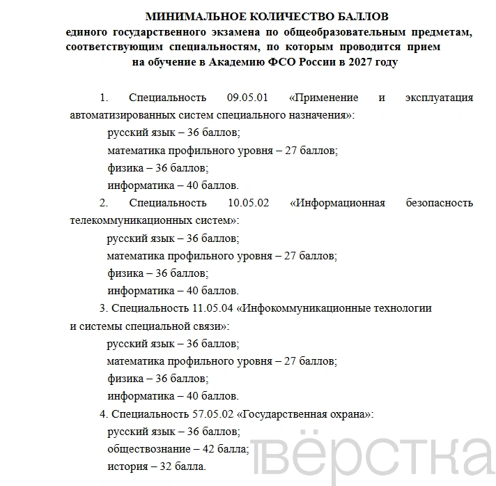 В Академию ФСО планируют с&nbsp;2027-го принимать на&nbsp;IT-специальности с&nbsp;самыми низкими баллами по&nbsp;ЕГЭ